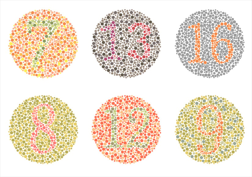 The Ishihara Test for color blindness has different slides. Can you see all of the numbers in these circles?